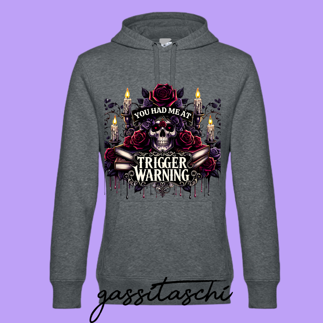 Hoodie Trigger Warning Dunkelgrau meliert Größe XL