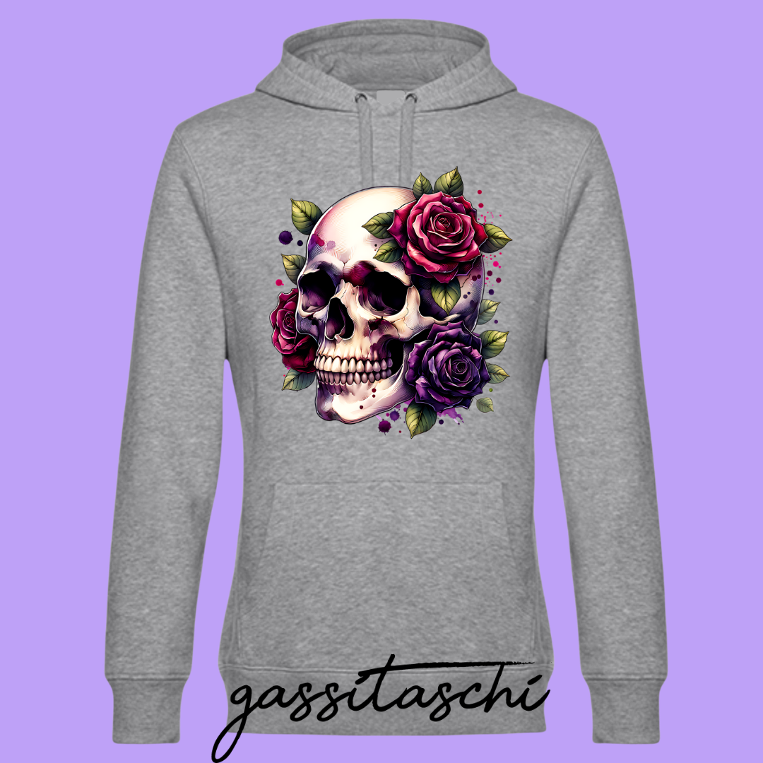 Hoodie Totenkopf mit Rosen Hellgrau Größe 4XL