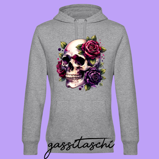Hoodie Totenkopf mit Rosen Hellgrau Größe 4XL